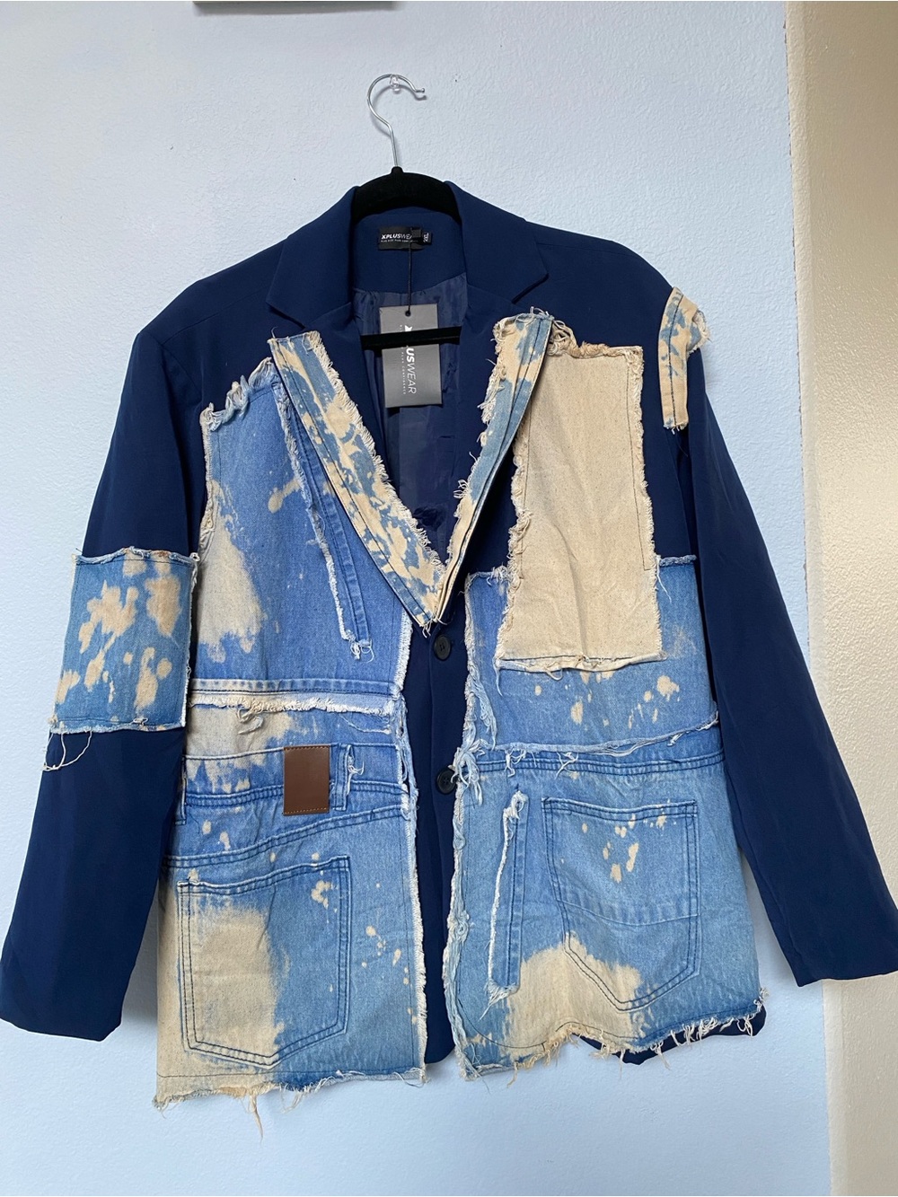 Distressed Patchwork Navy Blue Denim Blazer